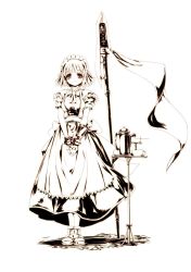 Rule 34 | 1girl, apron, character request, cup, dress, eien no aselia, esperia, eternity sword series, highres, hitomaru, maid, monochrome, official art, own hands together, polearm, shoes, short hair, smile, solo, spear, table, teacup, teapot, weapon