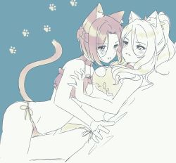 Rule 34 | 2girls, animal ear fluff, animal ears, ass, bad id, bad pixiv id, bed sheet, blonde hair, blue background, bra, braid, breasts, brown bra, brown hair, brown panties, cat cutout, cat ears, cat girl, cat lingerie, cat tail, christina (princess connect!), cleavage cutout, clothing cutout, dutch angle, frilled bra, frills, girl on top, high ponytail, highres, ichiren namiro, jun (princess connect!), kemonomimi mode, lying, medium breasts, meme attire, multiple girls, on back, on stomach, panties, paw print, paw print background, ponytail, princess connect!, side-tie panties, sidelocks, simple background, sketch, small breasts, tail, tail raised, underwear, yuri