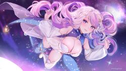 Rule 34 | 1girl, absurdres, asymmetrical footwear, blossumcake, blue footwear, blue nails, boots, breasts, cleavage, constellation print, detached sleeves, eyelashes, grey hair, hair ornament, highres, indie virtual youtuber, large breasts, long hair, miraymoon, mismatched footwear, multicolored hair, nebula, parted lips, pink hair, purple eyes, purple hair, solo, space, star (symbol), star print, thigh boots, twitter username, virtual youtuber, white footwear, white sleeves