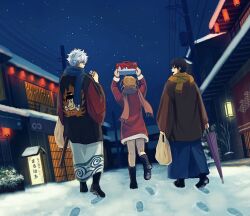 Rule 34 | 1girl, 2boys, bag, boots, can, commentary request, gintama, gloves, highres, holding, holding bag, holding can, holding umbrella, kagura (gintama), multiple boys, night, night sky, official alternate costume, outdoors, sakata gintoki, scarf, shimura shinpachi, shooogun, sky, snow, snow print, star (sky), starry sky, sword, translation request, umbrella, weapon, winter, winter clothes, wooden sword