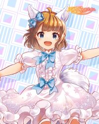 Rule 34 | 1girl, animal ears, blue eyes, bow, brown hair, card (medium), center frills, dress, frills, idolmaster, idolmaster million live!, idolmaster million live! amairo no asterism, idolmaster million live! theater days, official art, open mouth, snowflake print, solo, suou momoko, tail, white dress