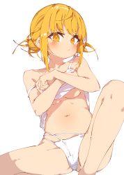 Rule 34 | 1girl, absurdres, blonde hair, blunt bangs, blush, boku no hero academia, covering breasts, covering privates, double bun, hair bun, highres, messy hair, rasusurasu, sidelocks, simple background, solo, spread legs, swept bangs, toga himiko, underwear, underwear only, white background, yellow eyes