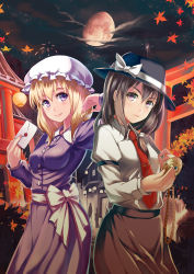 Rule 34 | 2girls, architecture, armband, autumn, autumn leaves, black eyes, black hair, black skirt, blonde hair, bow, breasts, cloud, collar, collared shirt, dress, east asian architecture, envelope, fedora, fireworks, frilled collar, frilled shirt collar, frills, gradient eyes, hand in own hair, hand up, hat, hat bow, highres, hip focus, iyokamioto, lantern, leaf, long skirt, looking at viewer, maple leaf, maribel hearn, mob cap, moon, multicolored eyes, multiple girls, necktie, night, night sky, outdoors, paper lantern, people, pocket watch, purple dress, purple eyes, red moon, red necktie, scrunchie, serious, shirt, side-by-side, skirt, sky, small breasts, smile, sparkle, star (sky), tie clip, torii, touhou, tree, usami renko, vanishing point, watch