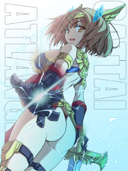 Rule 34 | ass, atlanger, text background, backless leotard, blue leotard, blurry, bob cut, breasts, brown eyes, brown hair, commentary, copyright name, cowboy shot, electricity, from behind, gattai robo atlanger, gauntlets, gloves, grey gloves, highres, holding, holding sword, holding weapon, humanization, kikuchi tsutomu, leotard, looking at viewer, looking back, medium breasts, open mouth, skindentation, smile, sword, thigh strap, thong leotard, tiara, weapon