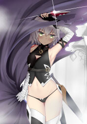 Rule 34 | 1girl, absurdres, ahoge, arm belt, armpits, bandaged arm, bandages, bare shoulders, black panties, boots, breasts, cameltoe, cape, dagger, facial scar, fate/apocrypha, fate/grand order, fate (series), gloves, green eyes, highres, holding, holding dagger, holding knife, holding weapon, jack the ripper (fate/apocrypha), knife, looking at viewer, lowleg, lowleg panties, mo ying yu, panties, scar, scar across eye, scar on cheek, scar on face, short hair, shoulder tattoo, sideboob, single glove, small breasts, solo, tattoo, thigh boots, thighhighs, thighs, underwear, weapon, white hair