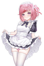 Rule 34 | 1girl, :3, apron, black bow, black bowtie, black dress, blush, bow, bowtie, commentary, cowboy shot, doki doki literature club, dress, frilled apron, frills, highres, looking at viewer, maid, maid headdress, natsuki (doki doki literature club), one side up, panties, petticoat, pink hair, pink panties, puffy short sleeves, puffy sleeves, purple eyes, short hair, short sleeves, simple background, skirt hold, smile, solo, standing, thighhighs, underwear, white apron, white background, white thighhighs, wrist cuffs, yami (rear4742)