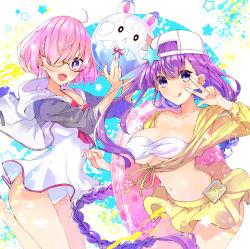 Rule 34 | 2girls, asymmetrical hair, ball, bare shoulders, baseball cap, bb (fate), bb (fate) (all), bb (swimsuit mooncancer) (fate), bb (swimsuit mooncancer) (first ascension) (fate), beachball, bikini, bikini top only, blush, braid, breasts, cleavage, collarbone, cropped jacket, dress swimsuit, fate/grand order, fate (series), fou (fate), glasses, grey jacket, hair over one eye, hat, hat ornament, highres, innertube, jacket, large breasts, long hair, long sleeves, looking at viewer, mash kyrielight, mash kyrielight (swimsuit of perpetual summer), multiple girls, navel, off shoulder, official alternate costume, open clothes, open jacket, pink hair, purple eyes, purple hair, short hair, single braid, skirt, smile, star (symbol), star hat ornament, swim ring, swimsuit, thighs, very long hair, wasa (pixiv29582664), white bikini, white headwear, yellow jacket, yellow skirt