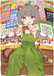 +_+ 1girl :q animal_ears blush brown_hair copyright_request food grey_eyes grey_hair highres holding kiya_machi leaf leaf_on_head looking_at_viewer mode_aim overalls ponpoko_(vtuber) raccoon_ears raccoon_girl raccoon_tail shirt short_hair short_sleeves sitting smile solo tail tanuki tongue tongue_out virtual_youtuber white_shirt