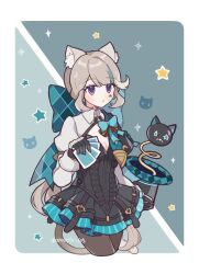 Rule 34 | 1girl, :o, ameoto 00, animal ear fluff, animal ears, aqua background, aqua bow, aqua hair, artist name, belt, black belt, black gloves, black hat, black leotard, black pantyhose, blue background, blunt bangs, blush, border, bow, card, cat ears, cat girl, cat tail, commentary request, cowboy shot, cropped legs, expressionless, eyelashes, facial mark, frilled leotard, frills, genshin impact, gloves, grey hair, hair bow, hand up, hat, holding, holding card, huge bow, leotard, long hair, long sleeves, looking at viewer, low ponytail, lynette (genshin impact), multicolored hair, open mouth, outside border, pantyhose, parted bangs, parted lips, playing card, ponytail, purple eyes, shrug (clothing), sidelocks, sleeve cuffs, solo, sparkle, star (symbol), star facial mark, streaked hair, tail, top hat, twitter username, two-tone gloves, unworn hat, unworn headwear, white border, white gloves, wing collar