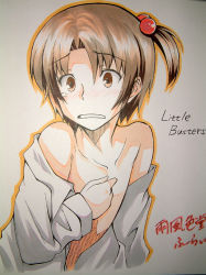 Rule 34 | 1boy, blush, brown eyes, brown hair, copyright name, crossdressing, dress shirt, flat chest, furai, hair bobbles, hair ornament, little busters!, male focus, naoe riki, no nipples, off shoulder, open clothes, open shirt, orange eyes, shikishi, shirt, short hair, side ponytail, solo, tears, traditional media, trap, white background