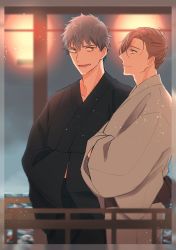 Rule 34 | 2boys, :d, bags under eyes, black kimono, blue hair, blurry, blurry background, border, brown eyes, brown hair, brown kimono, cowboy shot, eye contact, fate/grand order, fate (series), from side, grey eyes, hair between eyes, hands in opposite sleeves, highres, itokon300, japanese clothes, kimono, lantern, looking at another, lower teeth only, male focus, multiple boys, open mouth, profile, railing, saitou hajime (fate), short hair, smile, teeth, transparent border, yamanami keisuke (fate), yukata