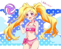 Rule 34 | 1girl, ball, bikini, blonde hair, blush, bow, bracelet, breasts, cleavage, collarbone, cowboy shot, emily stewart, floating hair, groin, hair ornament, hairband, idolmaster, idolmaster million live!, idolmaster million live! theater days, jewelry, kyoutsuugengo, long hair, navel, open mouth, parted bangs, pendant, pink bikini, pink bow, print bikini, purple eyes, small breasts, solo, standing, star (symbol), star hair ornament, swimsuit, twintails, very long hair, volleyball, volleyball (object), white bow, yellow hairband