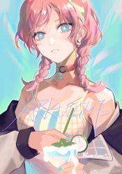 Rule 34 | 1girl, arknights, blue background, blue eyes, blue nails, blue poison (arknights), blue poison (shoal beat) (arknights), braid, breasts, bright pupils, choker, copyright name, drink, drinking straw, earrings, hairband, highres, holding, holding drink, jacket, jewelry, long hair, long sleeves, nail polish, off shoulder, official alternate costume, parted lips, pink choker, pink hair, powerlesssong, scales, signature, simple background, small breasts, solo, sports bra, sweat, twin braids, upper body, weibo logo, weibo watermark, white jacket, white pupils, white sports bra