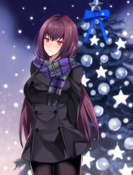 Rule 34 | alternate costume, arms behind back, blush, breasts, buttons, christmas, christmas ornaments, christmas tree, coat, fate/grand order, fate (series), hair intakes, highres, hyakuichi, large breasts, long hair, looking at viewer, night, outdoors, pantyhose, pine tree, purple hair, red eyes, scarf, scathach (fate), scathach (traveling outfit) (fate), smile, snow, solo, star (symbol), tree