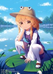 Rule 34 | 1girl, 2017, animal print, arm support, artist name, blonde hair, blue sky, blush, brown eyes, brown hat, closed mouth, cloud, commentary, copyright name, day, frog print, full body, hair ribbon, hat, lake, lily pad, long hair, long sleeves, moriya suwako, outdoors, purple skirt, purple vest, red ribbon, reflection, ribbon, rimuu, sandals, shadow, sidelocks, skirt, sky, smile, solo, squatting, tareme, thighhighs, touhou, tress ribbon, turtleneck, vest, white thighhighs, wide sleeves, zettai ryouiki