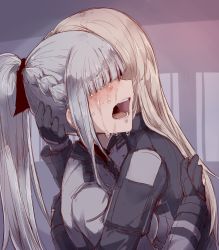 Rule 34 | 2girls, ak-12 (girls&#039; frontline), an-94 (girls&#039; frontline), black gloves, blunt bangs, braid, comforting, commentary request, crying, from side, girls&#039; frontline, gloves, hand on another&#039;s head, highres, hourai kochou, hug, jacket, long hair, long sleeves, multiple girls, open mouth, painttool sai (medium), ponytail, silver hair, sobbing, tears, teeth, upper body