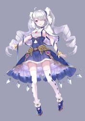 Rule 34 | 1girl, ahoge, bare arms, belt, blue dress, blue footwear, blue ribbon, bracelet, breasts, capelet, commentary request, curly hair, dress, full body, grey background, hair ornament, hair over one eye, highres, jewelry, kachayori, lace trim, long hair, looking at viewer, medium breasts, original, parted lips, purple eyes, ribbon, shoes, sideboob, sidelocks, silver hair, simple background, skindentation, sleeveless, sleeveless dress, smile, solo, striped, thighhighs, twintails, white capelet, white thighhighs