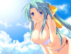 Rule 34 | 1girl, bikini, blue eyes, breasts, cleavage, day, game cg, green hair, large breasts, leaning forward, long hair, marionette zero, non-web source, ponytail, solo, swimsuit
