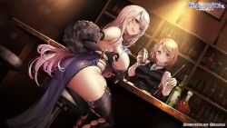 Rule 34 | 2girls, alcohol, ass, backless dress, backless outfit, bar (place), bar stool, black gloves, black thighhighs, black vest, blonde hair, blue eyes, bottle, bracelet, breasts, buttons, cocktail shaker, commentary request, copyright name, copyright notice, deep one kyomu to mugen no fragment, dress, drink, elbow gloves, fur (clothing), gloves, grey hair, holding, holding drink, jewelry, large breasts, long hair, multiple girls, official art, partially fingerless gloves, patricia (deep one), pelvic curtain, purple dress, purple eyes, shirt, short hair, sideboob, sitting, sleeveless, sleeveless dress, smile, stool, thighhighs, uo denim, vest, white shirt, yoshino (deep one)