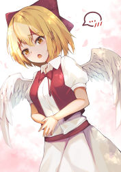 Rule 34 | ..., 1girl, absurdres, angel wings, blonde hair, bow, bowtie, breasts, collared shirt, commentary request, dutch angle, embarrassed, feathered wings, gengetsu (touhou), hair bow, highres, kogane ringo, medium breasts, open clothes, open mouth, open vest, puffy short sleeves, puffy sleeves, red bow, red bowtie, red vest, shirt, short sleeves, skirt, speech bubble, touhou, touhou (pc-98), vest, white shirt, white skirt, white wings, wings, yellow eyes