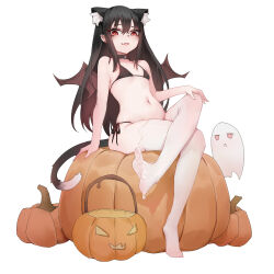 Rule 34 | 1girl, :d, absurdres, animal ears, bat wings, black bra, black panties, bra, cat ears, cat girl, cat tail, collar, crossed legs, drooling, fang, feet, flat chest, full body, ghost, halloween, highres, indie virtual youtuber, jack-o&#039;-lantern, legs, long hair, looking at viewer, mouth drool, navel, no shoes, open mouth, original, panties, pumpkin, red eyes, shouwang, sitting, sitting on object, skin fang, smile, smug, soles, stomach, suggestive fluid, tail, thighhighs, toes, underwear, underwear only, virtual youtuber, white thighhighs, wings, xingye (xing)