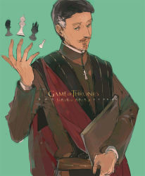 Rule 34 | 1boy, a song of ice and fire, animification, bad id, bad pixiv id, black hair, book, cape, chess piece, copyright name, facial hair, game of thrones, green eyes, grey hair, male focus, mustache, petyr baelish, sash, simple background, solo, wavesheep