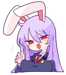 Rule 34 | 1girl, animal ears, black jacket, blazer, blouse, collared shirt, crescent, crescent pin, half-closed eyes, highres, jacket, light purple hair, long hair, necktie, op na yarou, open mouth, pointing, pointing up, purple hair, rabbit ears, rabbit girl, rabbit tail, red eyes, red necktie, reisen udongein inaba, shirt, solo, tail, touhou, very long hair, white background, white shirt