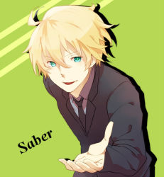 Rule 34 | 1boy, 397 (artist), ahoge, arthur pendragon (fate), bad id, bad pixiv id, blonde hair, character name, fate/prototype, fate (series), formal, green background, green eyes, male focus, necktie, outstretched hand, pietani397, smile, solo, suit