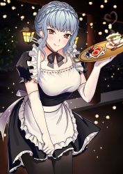 Rule 34 | 1girl, :q, absurdres, alternate costume, apron, black dress, black pantyhose, black ribbon, blue hair, blush, braid, breasts, brown eyes, collarbone, commentary, crown braid, cup, dress, elbow gloves, english commentary, enmaided, fire emblem, fire emblem: three houses, food, frills, gloves, heart steam, highres, holding, holding tray, looking at viewer, maid, mari48240422, marianne von edmund, medium breasts, neck ribbon, nintendo, pantyhose, puffy short sleeves, puffy sleeves, ribbon, short hair, short sleeves, solo, tea, teacup, tongue, tongue out, tray, waist apron, white apron, white gloves