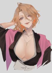 Rule 34 | 1girl, black kimono, bleach, bleach: sennen kessen-hen, blonde hair, blue eyes, breasts, commentary request, cropped torso, grey background, hair between eyes, hand in own hair, highres, japanese clothes, jewelry, kimono, large breasts, long hair between eyes, looking at viewer, matsumoto rangiku, mole, mole under mouth, necklace, open mouth, pink shawl, shawl, short hair, simple background, smile, ui 1231, upper body