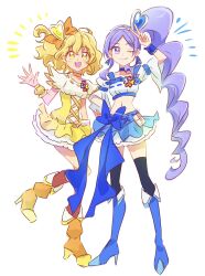 Rule 34 | 2girls, aono miki, blonde hair, blue bow, blue choker, blue footwear, blue skirt, blue thighhighs, boots, bow, choker, commentary, cure berry, cure pine, dress, drill hair, earrings, eyelashes, fpminnie1, fresh precure!, frilled dress, frilled skirt, frills, hair bow, hair ornament, hairband, happy, heart, heart hair ornament, high heel boots, high heels, high ponytail, high side ponytail, highres, jewelry, knee boots, layered skirt, long hair, looking at viewer, magical girl, medium hair, midriff, multiple girls, navel, one eye closed, orange bow, orange footwear, ponytail, precure, puffy short sleeves, puffy sleeves, purple eyes, purple hair, short sleeves, side ponytail, simple background, sketch, skirt, smile, standing, symbol-only commentary, thighhighs, thighs, v, white background, wrist cuffs, yamabuki inori, yellow choker, yellow dress, yellow eyes, zettai ryouiki