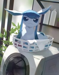 Rule 34 | animal focus, blue eyes, blue fur, blue sclera, closed mouth, colored sclera, creatures (company), game freak, gen 4 pokemon, glaceon, in basket, indoors, laundry, laundry basket, looking at viewer, lying, mirror, nagasaki wonderful, nintendo, no humans, pokemon, pokemon (creature), sitting, solo, two-tone fur, washing machine