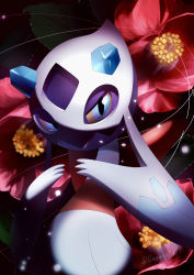 Rule 34 | absurdres, blue eyes, camellia, closed mouth, colored sclera, commentary request, creatures (company), flower, froslass, game freak, gen 4 pokemon, highres, jun meguru, looking at viewer, nintendo, no humans, pokemon, pokemon (creature), red flower, solo, twitter username, yellow sclera