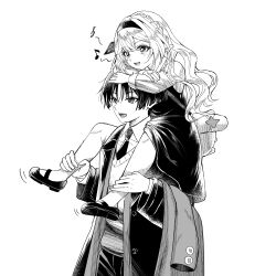 Rule 34 | 1boy, 1girl, alternate costume, alternate hairstyle, caramelo game, carrying, commentary request, contemporary, genshin impact, greyscale, height difference, highres, jacket, long hair, monochrome, nahida (genshin impact), open clothes, open jacket, scaramouche (genshin impact), short hair, shoulder carry, simple background