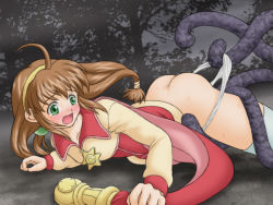 Rule 34 | 1girl, ahoge, ass, blush, brown hair, cape, coat, green eyes, hair ornament, hairband, hexagram, imminent rape, lilka eleniak, long hair, low-tied long hair, open mouth, panties, shima kujira, sidelocks, skirt, smile, solo, source request, tentacles, thighhighs, twintails, umbrella, underwear, wedgie, white thighhighs, wild arms, wild arms 2