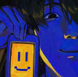 Rule 34 | 1boy, black eyes, black hair, cellphone, chainsaw man, closed mouth, evil smile, flip phone, highres, holding, holding phone, limited palette, looking at viewer, mole, mole under mouth, phone, short hair, sioboi, smile, smiley face, solo, yoshida hirofumi