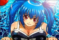 Rule 34 | 1girl, bad id, bad pixiv id, black one-piece swimsuit, blue hair, breast press, breasts, large breasts, name tag, one-piece swimsuit, original, red eyes, school swimsuit, smile, solo, swimsuit, twintails, wankoro mochi, water