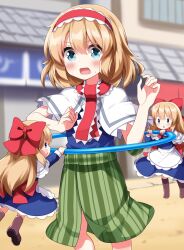 1girl apron blonde_hair blue_eyes blurry blurry_background blush bow capelet commentary_request day doll dress flying frilled_apron frilled_dress frills green_skirt hair_between_eyes hair_bow hairband hands_up highres holding hoop hula_hoop long_hair long_sleeves medium_hair open_mouth outdoors purple_dress purple_shirt red_bow red_hairband ruu_(tksymkw) shanghai_doll shirt skirt solo standing surprised sweatdrop touhou waist_apron white_apron white_capelet