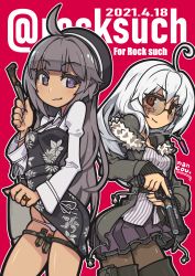 Rule 34 | 2girls, ahoge, black legwear, boots, breasts, clothes lift, commission, dark-skinned female, dark skin, dated, dress, dress lift, glasses, grey hair, gun, hat, highres, holding, holding gun, holding knife, holding weapon, jacket, jewelry, knife, lifting own clothes, long hair, looking at viewer, multiple girls, nancou (nankou), open clothes, open jacket, original, panties, pantyhose, pendant, pleated skirt, purple eyes, red eyes, semi-rimless eyewear, shirt, skirt, small breasts, smile, thigh boots, thigh strap, thighhighs, underwear, weapon, white hair, white panties, white shirt