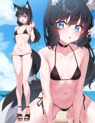 Rule 34 | 1girl, :d, :o, ?, absurdres, ahoge, animal ear fluff, animal ears, beach, bikini, black bikini, black hair, blue sky, breasts, cloud, commentary request, day, fang, fox ears, fox girl, fox tail, full body, highres, long hair, looking at viewer, micro bikini, multiple views, narynn, ocean, open mouth, original, outdoors, sandals, side-tie bikini bottom, skin fang, sky, small breasts, smile, squatting, standing, swimsuit, tail, toes, twitter username