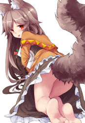 Rule 34 | 1girl, all fours, animal ears, barefoot, blush, brown hair, commentary request, dress, fox ears, fox tail, frilled dress, frills, long hair, looking at viewer, looking back, noa (nagareboshi), original, red eyes, simple background, soles, solo, tail, tongue, tongue out, white background