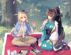 Rule 34 | 2girls, :o, alternate costume, artist name, blanket, blazer, blue jacket, blush, breasts, brown eyes, brown hair, brown pants, cherry blossoms, dappled sunlight, dated, food request, hair between eyes, highres, himeyamato, iowa (kancolle), jacket, japanese clothes, kantai collection, kashiwa mochi (food), kimono, large breasts, long hair, multiple girls, multiple views, necktie, no shoes, obi, pants, petals, ponytail, rigging, sash, seiza, shirt, sitting, smile, sunlight, tree, very long hair, white shirt, wide sleeves, yamato (kancolle), yellow necktie