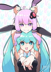 Rule 34 | 2girls, absurdres, ahoge, aqua eyes, aqua hair, aqua nails, aqua necktie, arms around neck, arms up, bare arms, bent over, black leotard, chin rest, commentary, fishnet pantyhose, fishnets, grin, hair ornament, hair tubes, hand on another&#039;s ear, hatsune miku, head on head, head rest, highres, kinosuke (pattaba), leotard, logo, long hair, looking at viewer, looking up, multiple girls, nail polish, necktie, open mouth, own hands together, pantyhose, playboy bunny, purple eyes, purple hair, purple nails, rabbit background, short hair with long locks, sidelocks, signature, smile, twintails, upper body, upturned eyes, very long hair, vocaloid, voiceroid, wrist cuffs, yuzuki yukari