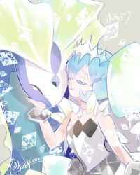 Rule 34 | 1girl, aurorus, bare shoulders, blue hair, bracelet, closed eyes, closed mouth, commentary request, creatures (company), crystal, dress, game freak, gen 6 pokemon, grey background, hand up, hatsune miku, heads together, highres, jewelry, long hair, nanitozo, nintendo, petting, pokemon, pokemon (creature), project voltage, rock miku (project voltage), smile, tiara, twintails, vocaloid, white dress