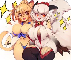 Rule 34 | 2girls, :d, absurdres, animal ear fluff, animal ears, bikini, blue bikini, breasts, brown hair, catmaid (dizzyspells), claws, commentary, english commentary, furry, furry female, goya (lucyfer), highres, large breasts, looking at viewer, multiple girls, navel, one-piece swimsuit, open mouth, original, red eyes, red one-piece swimsuit, red slingshot swimsuit, short hair, slingshot swimsuit, slit pupils, slugbox, smile, sparkle, swimsuit, tail, teeth, thighhighs, upper teeth only, white hair