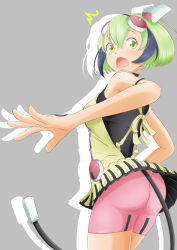 Rule 34 | 10s, 1girl, absurdres, android, artist request, ass, bare arms, bare shoulders, bike shorts, blue hair, blush, dimension w, dress, embarrassed, from behind, green eyes, green hair, headgear, highres, layered dress, looking at viewer, looking back, matching hair/eyes, multicolored hair, open mouth, short dress, short hair, sleeveless, sleeveless dress, solo, streaked hair, surprised, tail, upskirt, yurizaki mira
