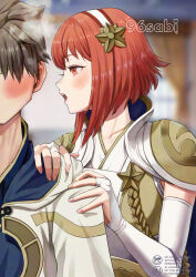 1boy 1girl asmr blush bridal_gauntlets come_hither commission couple fire_emblem fire_emblem_fates fire_emblem_heroes hetero highres hood hood_down hooded_robe kiran_(fire_emblem) kiran_(male)_(fire_emblem) nintendo pink_eyes pink_hair robe sakura_(fire_emblem) skeb_commission whispering_in_ear white_bridal_gauntlets yamamori_kinako