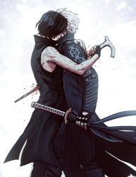 Rule 34 | 2boys, arm tattoo, bare shoulders, black coat, black gloves, black hair, blood, blue coat, cane, capcom, coat, devil may cry (series), devil may cry 5, donlemefo, fingerless gloves, gloves, highres, holding, holding cane, holding sword, holding weapon, katana, male focus, multiple boys, scabbard, sheath, spoilers, stab, sword, tattoo, v (devil may cry), vergil (devil may cry), weapon, white hair