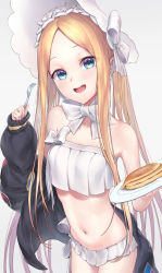 Rule 34 | 1girl, abigail williams (fate), abigail williams (swimsuit foreigner) (fate), abigail williams (swimsuit foreigner) (third ascension) (fate), absurdres, bare shoulders, bikini, black jacket, blonde hair, blue eyes, blush, bonnet, bow, breasts, fate/grand order, fate (series), food, forehead, fork, hair bow, highres, jacket, long hair, looking at viewer, miniskirt, monegi, navel, off shoulder, open clothes, open jacket, open mouth, pancake, parted bangs, plate, sidelocks, skirt, small breasts, smile, swimsuit, twintails, very long hair, white background, white bikini, white bow, white headwear