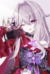 Rule 34 | 1girl, arm up, black choker, black gloves, bracelet, bright pupils, choker, cross, gloves, hair ornament, highres, holding, holding ribbon, honkai (series), honkai impact 3rd, jacket, jewelry, long hair, long sleeves, looking at viewer, one eye closed, purple eyes, purple ribbon, red jacket, red ribbon, ribbon, ribbon hair ornament, simple background, single bare shoulder, smile, smirk, solo, solo focus, tdatnst, thelema (honkai impact), tongue, tongue out, upper body, very long hair, white background, white hair, white pupils